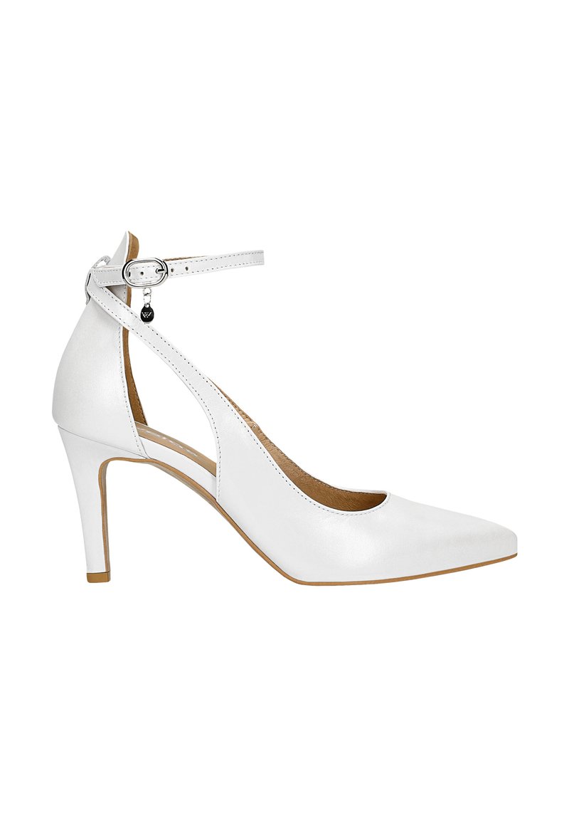 Scarpa alta in pelle bianca con punta appuntita, cinturino alla caviglia e tacco slim. Tessuto liscio con un design minimalista e cuciture sottili.