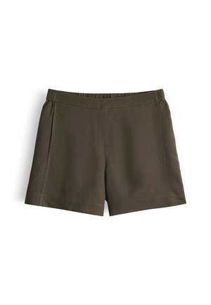 Shorts vert foncé à taille élastique avec coutures latérales et texture de tissu lisse, présentés à plat sur un fond blanc.