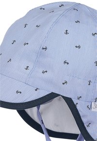 Child's cap featuring a blue and white striped pattern with small black anchor designs. Includes a navy blue brim and chin straps.