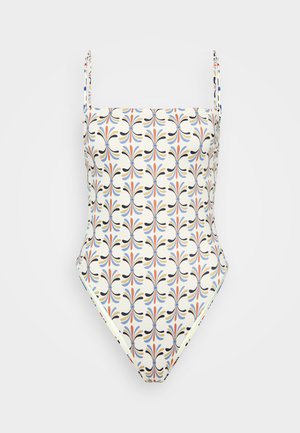 Enodelni kopalni kostim iz raztegljive tkanine s kremno podlago in simetričnim cvetličnim vzorcem v oranžni, modri in črni barvi.
