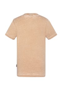T-shirt a maniche corte di un colore beige chiaro, realizzato in tessuto morbido con una finitura leggermente testurizzata, caratterizzato da un collo tondo e un orlo dritto.