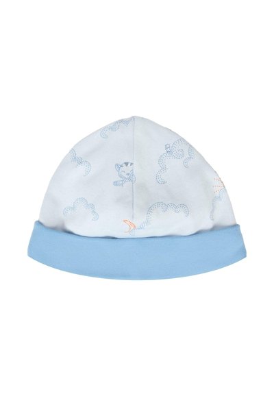 Cappello morbido per bebè con risvolto azzurro, in tessuto bianco con motivi di nuvole blu e piccole illustrazioni di animali e sole.