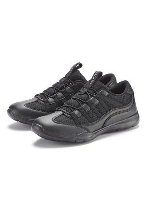 Schwarze Sportschuhe aus synthetischem Leder und Mesh, mit strukturiertem Finish, Schnürverschluss und runder Zehenpartie.
