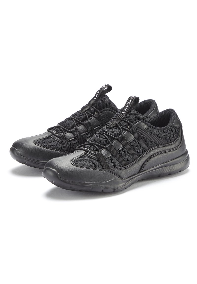 Scarpe da ginnastica nere realizzate in pelle sintetica e mesh, con una finitura testurizzata, chiusura con lacci e un design con punta arrotondata.