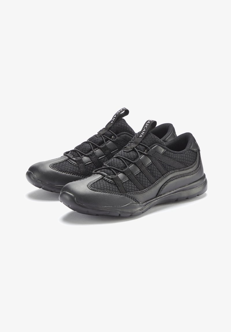 Mustad mustad spordijalatsid, mis on valmistatud sünteetilisest nahast ja võrksisust, millel on tekstureeritud pind, paelakinnitus ja ümar varba disain.