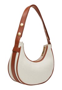 Hobo-Tasche mit einem cremefarbenen Canvas-Körper und braunen Lederakzenten sowie einem kontrastierenden Reißverschluss. Sie hat eine geschwungene Form und einen breiten Schultergurt.