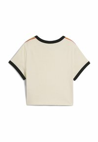Cremefarvet kortærmet T-shirt med sort krave og ærmer. Har multicolor striber på skulderne. Glat bomuldsstof.