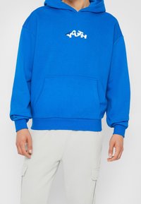 Niebieska bluza z kapturem o luźnym kroju, z przednią kieszenią typu kangur i białym napisem "YOUTH". Miękki materiał bawełniany, ściągacze na rękawach.