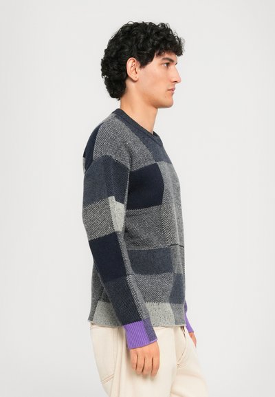 Hombre de perfil derecho que lleva un suéter a cuadros gris y azul marino con puños morados y pantalones beige claros, sobre un fondo blanco liso.
