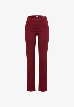 Pantaloni dritti bordeaux realizzati in misto cotone. Presentano un classico design a cinque tasche, chiusura con bottone e passanti per cintura. Tessuto morbido.
