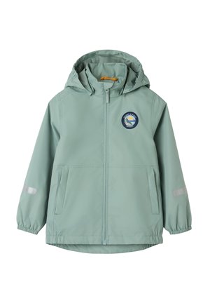 Light green hooded children's jacket with front zipper, two pockets, elastic cuffs, reflective strips on sleeves, and round Sweden logo patch.