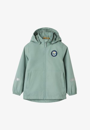 Light green hooded children's jacket with front zipper, two pockets, elastic cuffs, reflective strips on sleeves, and round Sweden logo patch.