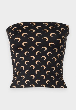 Juodas be petnešų viršus, pagamintas iš tamprių medžiagų, su pakartotiniu šviesiai smėlio spalvos pusmėnulio raštu visame paviršiuje.