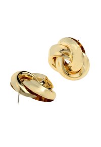 Orecchini in metallo color oro con un design a nodo attorcigliato e una finitura lucida. La forma è rotonda con chiusura a perno per una vestibilità sicura.