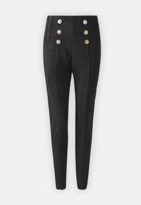 Pantaloni neri su misura con vita alta, vestibilità strutturata, quattro bottoni decorativi in tono oro e un tessuto liscio e testurizzato.