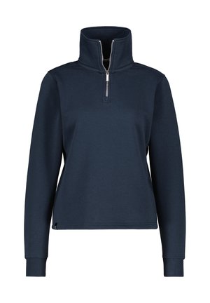 Pullover blu navy con colletto alto e mezza zip. Realizzato in tessuto morbido, presenta maniche lunghe e polsini a coste per un look aderente.