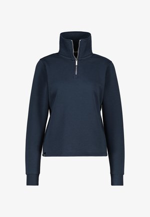 Pullover blu navy con colletto alto e mezza zip. Realizzato in tessuto morbido, presenta maniche lunghe e polsini a coste per un look aderente.
