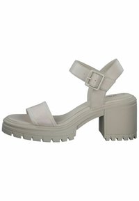 Lichtgrijze sandaaltjes met hakken, voorzien van een brede band, verstelbare gesp, gestructureerde zool en een chunky profielzool voor verbeterde grip en comfort.