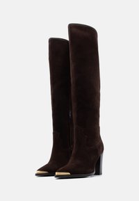 Ζευγάρι ψηλές καφέ σκούρες μπότες από σουέτ με τετράγωνες φτέρνες και μεταλλικές χρυσές μύτες, παρουσιασμένες σε φωτεινό φόντο.