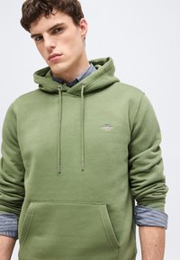 Νέος άνδρας που φοράει ανοιχτό πράσινο φούτερ με κουκούλα πάνω από μπλε ριγέ πουκάμισο, με τα μανίκια σηκωμένα, σε απλό ανοιχτό φόντο.