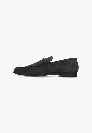 Dunkelblaue Wildleder-Slipper mit flacher Sohle, versehen mit einem gestickten Design und einem auffälligen Band über dem Spann. Glatte Textur und klassischer Schnitt.