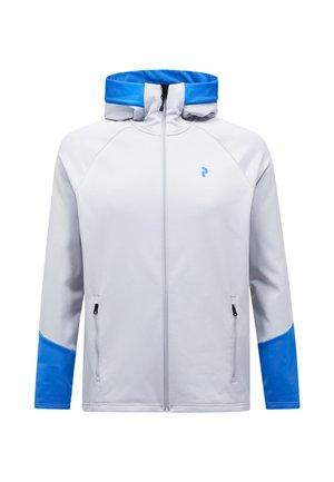 Veste gris clair zippée avec doublure de capuche et poignets bleu vif, poches avant zippées, et petit logo bleu sur la poitrine.
