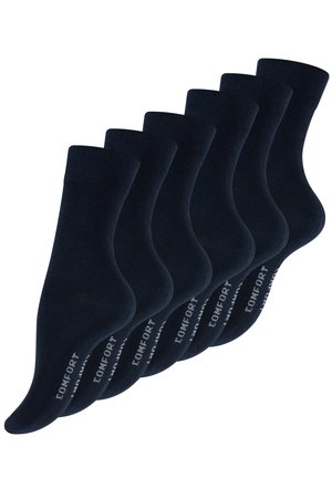 Dark navy cotton socks arranged in a row, featuring a smooth texture, crew length, and "COMFORT" printed in white near the cuff.