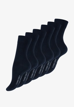 Dunkelblaue Baumwollsocken in einer Reihe angeordnet, mit glatter Textur, knöchellang und "KOMFORT" in Weiß nahe dem Bund bedruckt.