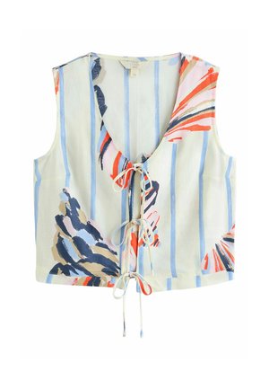 Leinen-Cropped-Top mit V-Ausschnitt, verziert mit mehrfarbigen Blumenmustern und vertikalen blauen Streifen, vorne mit passenden Schnürsenkeln gebunden.