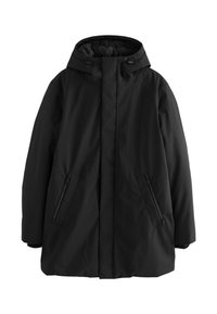 Czarna wodoodporna parka z kapturem, wyposażona w zapinane na zamek boczne kieszenie, o luźnym kroju i gładkiej, matowej tkaninie. Prosty design z minimalnymi akcentami.