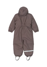 Brown waterproof jumpsuit with a hood, elastic waist, and cuffs. Features a reflective strip on the leg and adjustable foot straps.