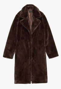 Brown faux fur coat with a notched collar, long sleeves, and a soft texture. It features a satin lining and an open front design.