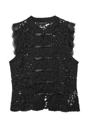 Black sleeveless lace vest with floral pattern and six horizontal fabric knot closures down the front.