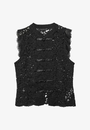 Black sleeveless lace vest with floral pattern and six horizontal fabric knot closures down the front.