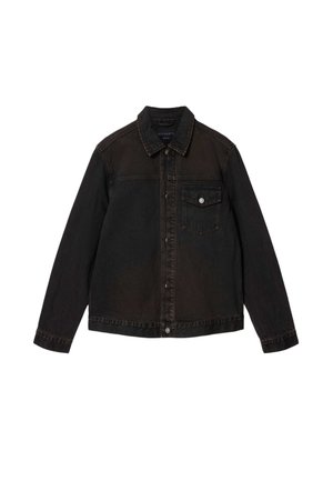 Sort denimjakke med lange ærmer, knappet front, krave og enkelt brystlomme med knap.