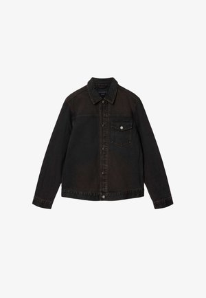 Veste en denim noire à manches longues, devant boutonné, col, et poche poitrine à bouton unique.