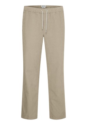 Beige corduroy pants with an elastic waistband, adjustable drawstring, and straight-leg design. Features vertical ribbed texture.