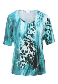 Korte mouw top in verschillende tinten blauw met abstracte patronen. Heeft een ronde halslijn en is gemaakt van zachte, lichte stof met een gladde textuur.