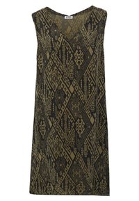 Robe sans manches col V avec motif géométrique tribal noir et vert olive, coupe droite, tissu léger.
