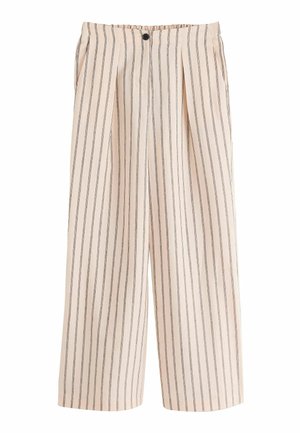 Beige wide-leg pants with black vertical stripes, pleats at the waist, side pockets, and a black button closure.