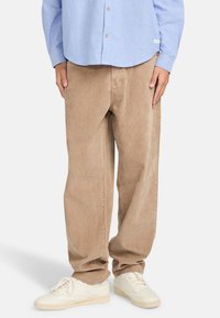 Beige corduroy pants with relaxed fit, featuring vertical ribbing. Paired with white sneakers and a light blue button-up shirt.