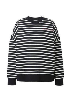 Sweatshirt rayé noir et blanc avec col rond, coupe décontractée et texte "SUNDAY BRUNCH CLUB" en rose sur la poitrine.