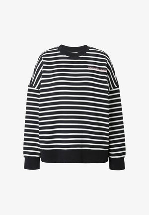 Czarny biały sweter w paski z okrągłym dekoltem, luźny krój i napis "SUNDAY BRUNCH CLUB" w różowym kolorze na klatce piersiowej.