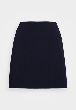 Navy blue, straight-cut mini skirt made from soft fabric. Features a smooth, solid design without patterns or embellishments.