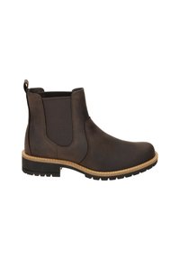 Braune Leder-Chelsea-Stiefel mit elastischen Seitenpartien, abgerundeter Zehenform und einer strukturierten Gummisohle. Verfügt über eine Zuglasche für einfaches Anziehen.
