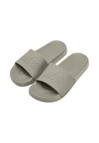 Light gray rubber slide sandals with a textured footbed, wide strap featuring an embossed logo, and a rounded toe design.