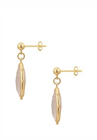 Guldtonade örhängen med förlängda, facetterade ljusrosa stenar som är inramade i en guldram, med en knapplåsning och cirkulära detaljer.