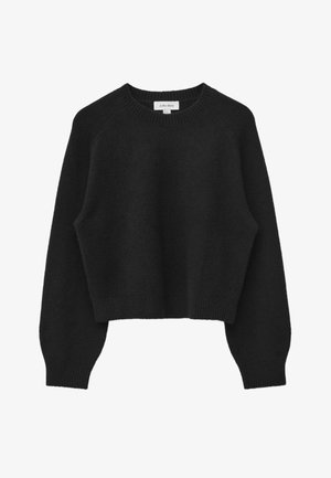 Schwarzer, kurz geschnittener Pullover aus weichem, strukturiertem Stoff. Verfügt über einen runden Ausschnitt, Raglanärmel sowie gerippten Saum und Bündchen.