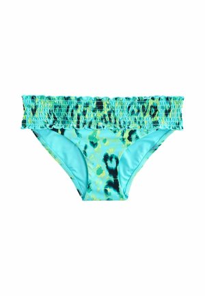 Light blue bikini bottoms with smocked waistband and abstract dark blue and yellow leopard print pattern.