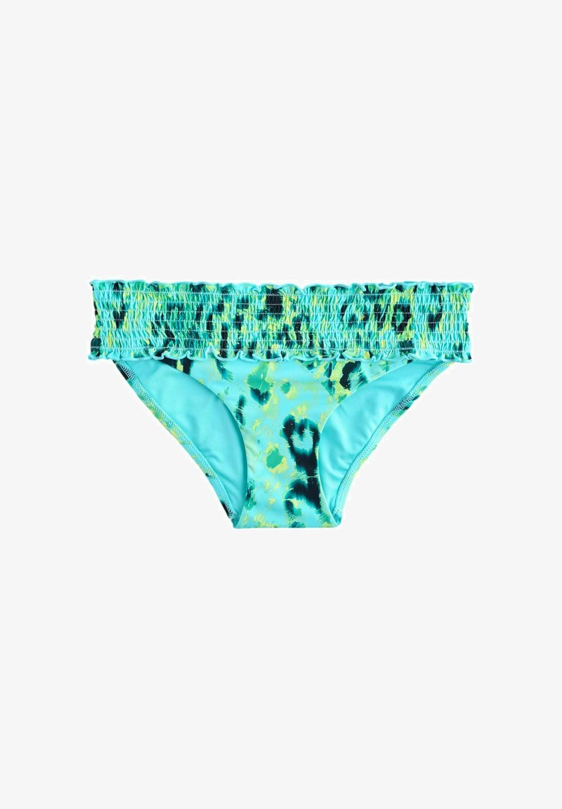 Bas de bikini bleu clair avec taille smockée et motif abstrait léopard bleu foncé et jaune.
